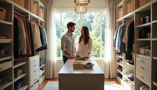 Young couple organizing clothes in a modern, well-lit closet