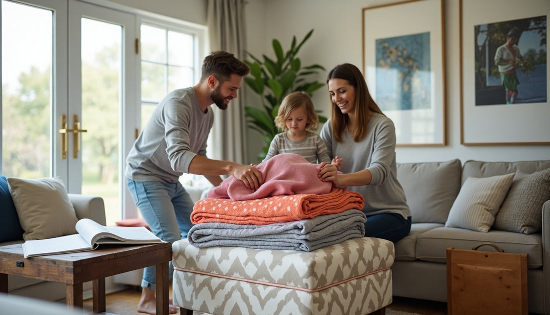 Family organizing blankets into modern storage ottoman and chest in living room