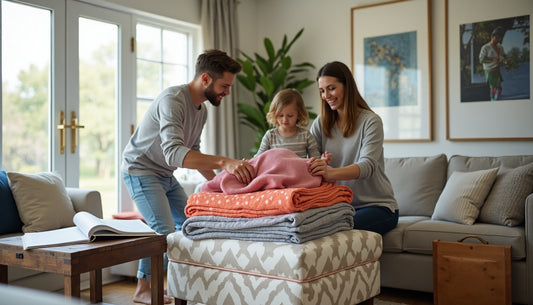 Family organizing blankets into modern storage ottoman and chest in living room