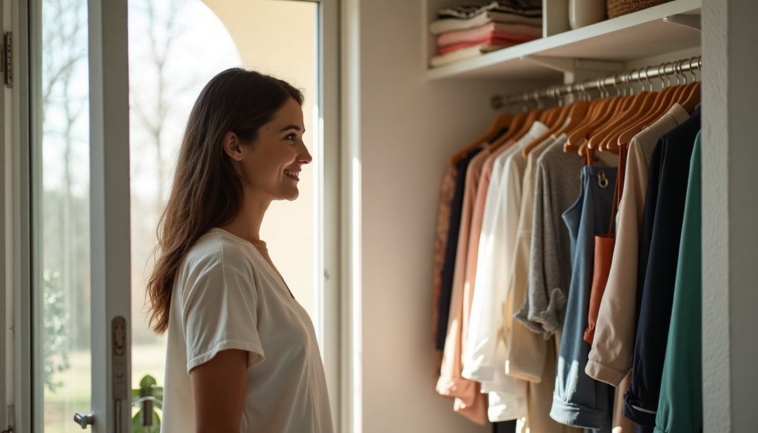 Woman smiling in bedroom with neat, color-coordinated closet