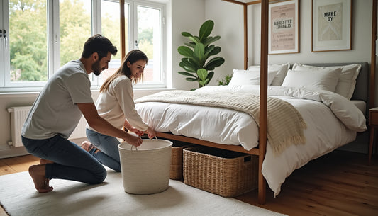 Modern bedroom with couple organizing under-bed storage solutions