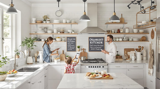 Family uses modern kitchen with vertical storage solutions for clutter-free living