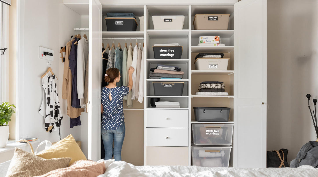 Modern closet with DIY dividers, person enjoying organized clothing