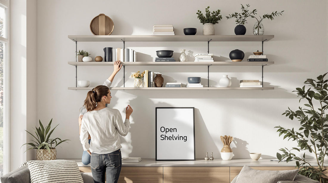 Couple arranging open shelving in modern living room with natural light