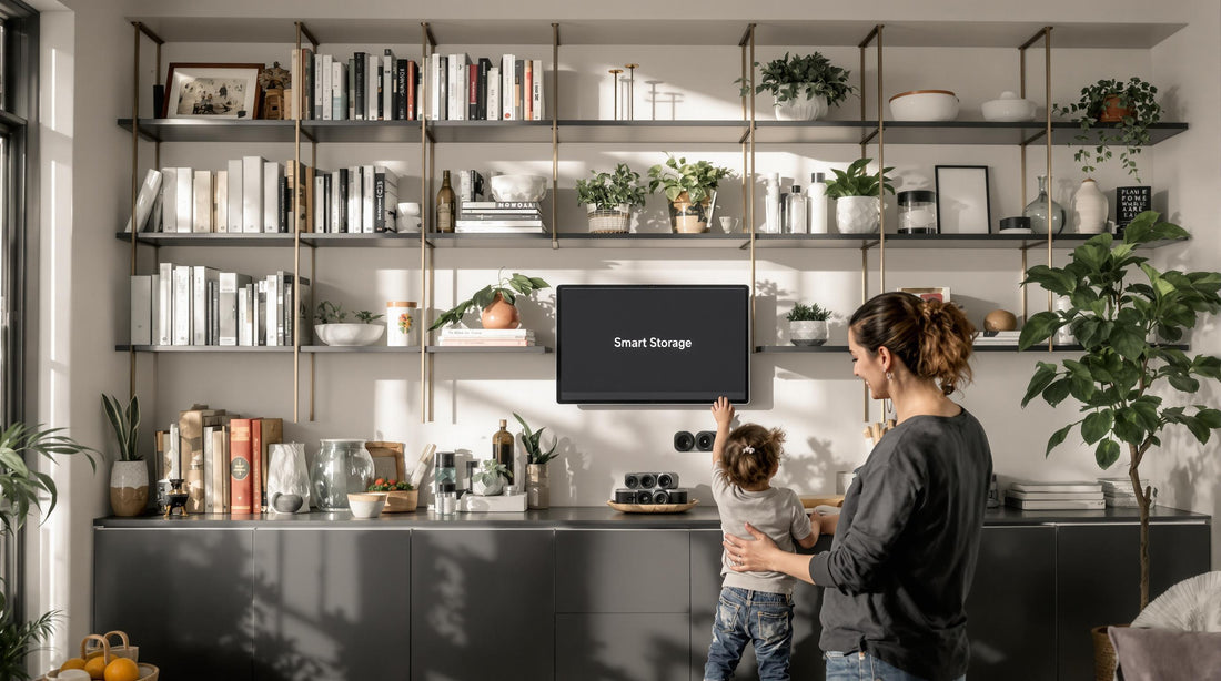 Family organizing shelves in bright modern living room with smart storage signage