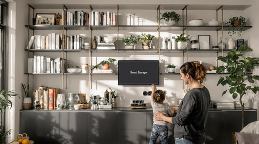 Family organizing shelves in bright modern living room with smart storage signage