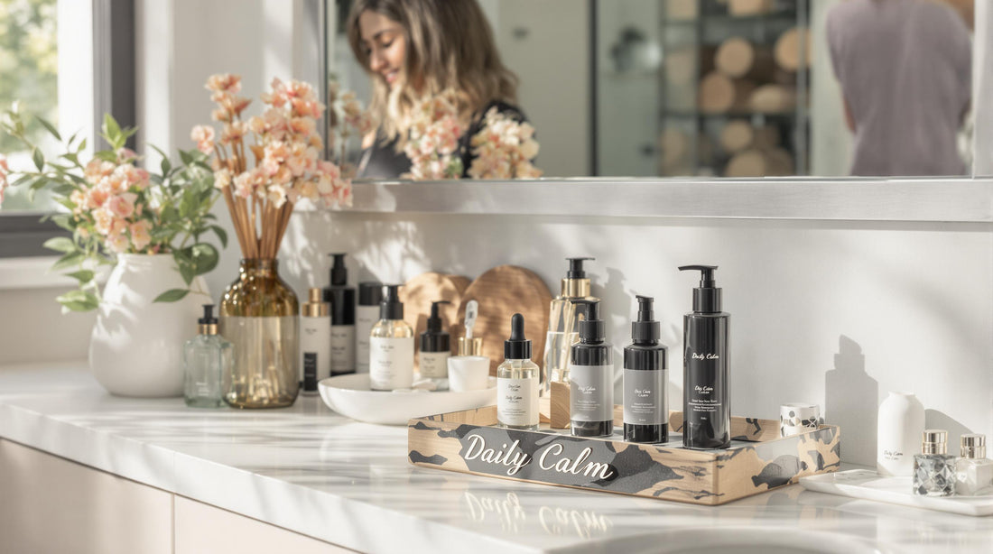 Woman tidying organized bathroom counter with 'Daily Calm' sign visible