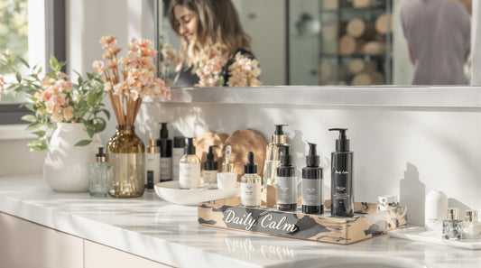 Woman tidying organized bathroom counter with 'Daily Calm' sign visible