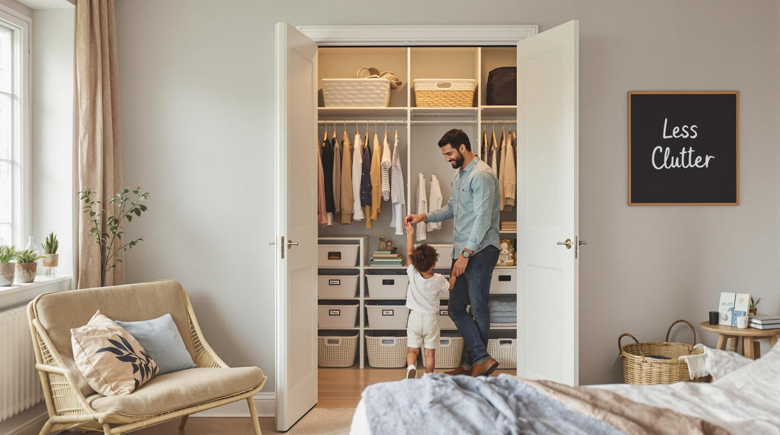 Family organizing clothes in a bright, tidy closet, with 'Less Clutter' sign visible