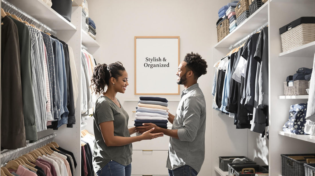 Modern closet makeover with couple organizing clothing and neat shelves