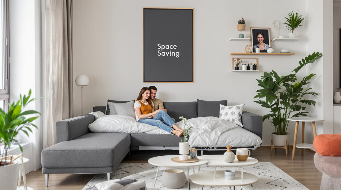 Modern apartment with couple using convertible space saving furniture