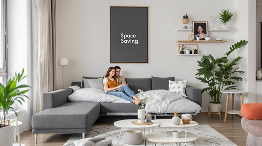 Modern apartment with couple using convertible space saving furniture