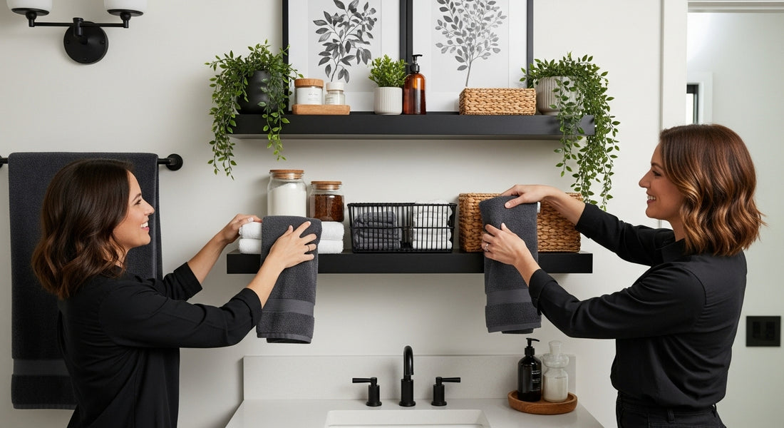 bathroom shelf styling, modern bathroom, home organization