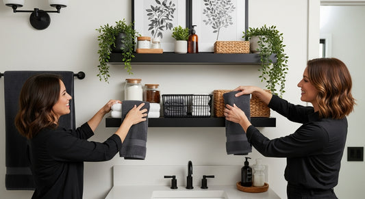 bathroom shelf styling, modern bathroom, home organization