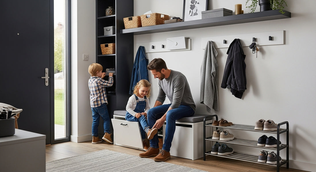 entryway storage, organized family entry, home organization