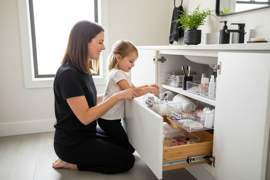 bathroom cabinet organization, family organizing, modern bathroom