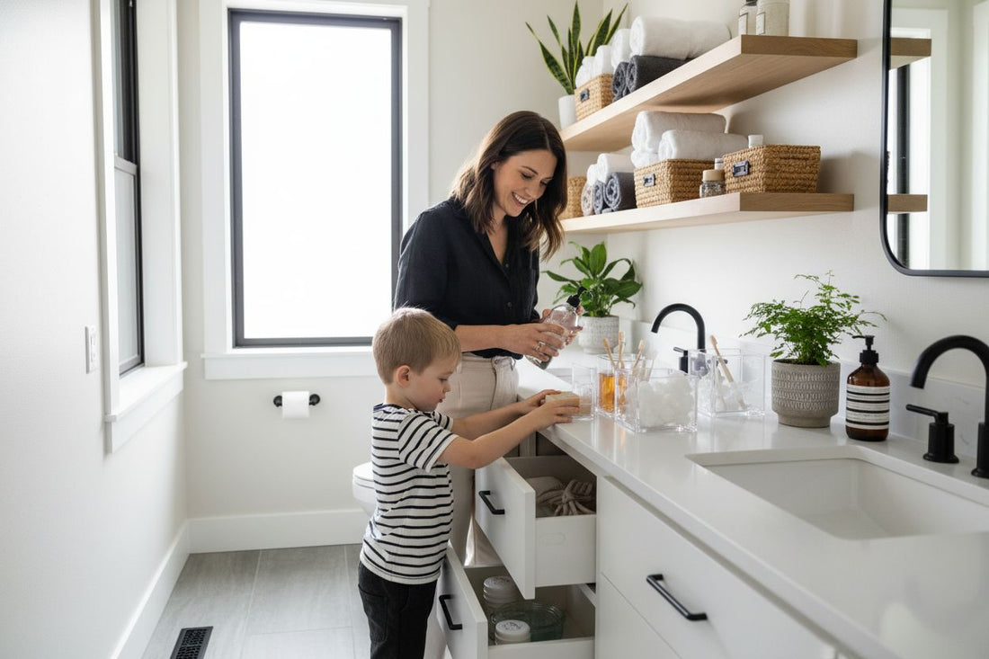 bathroom organization, family organizing, modern storage