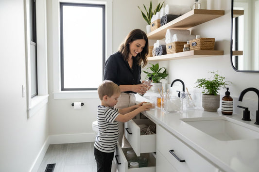 bathroom organization, family organizing, modern storage