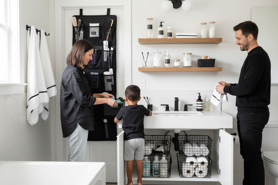 bathroom storage organization, modern bathroom, family