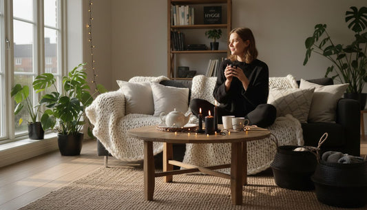 Warm Scandinavian living room with cozy hygge decor