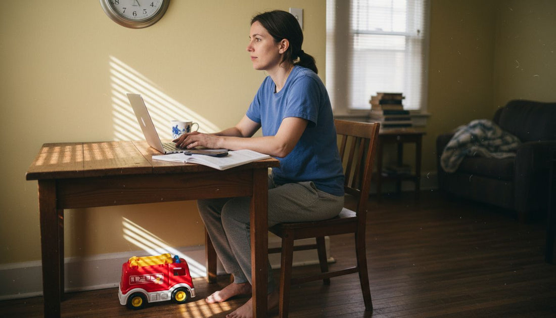 Woman balancing remote work in living room