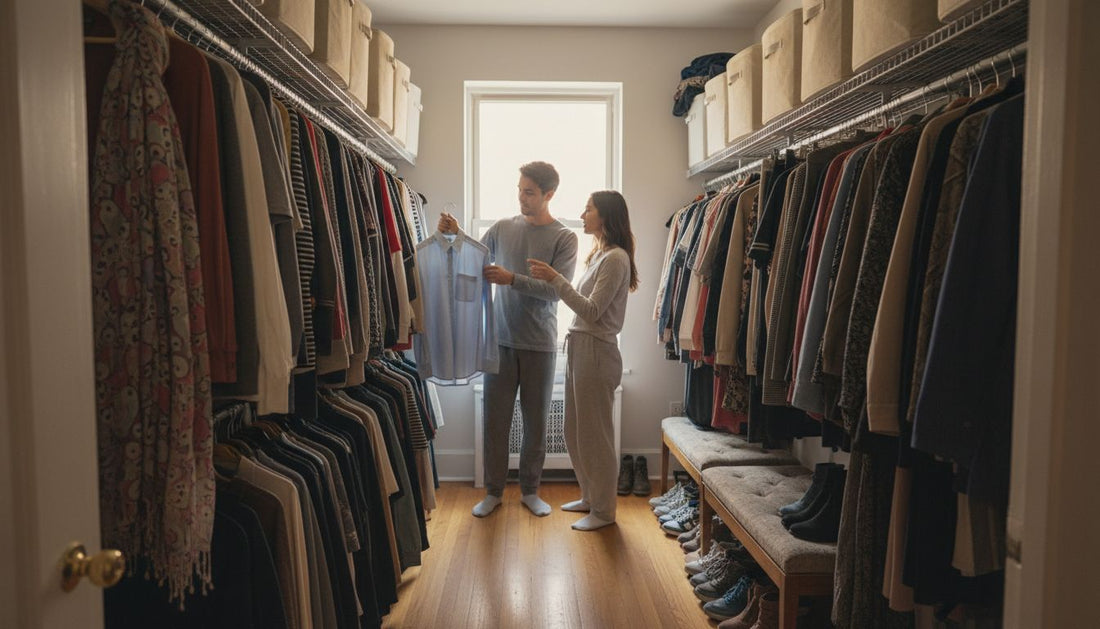 Couple in walk-in closet choosing outfits