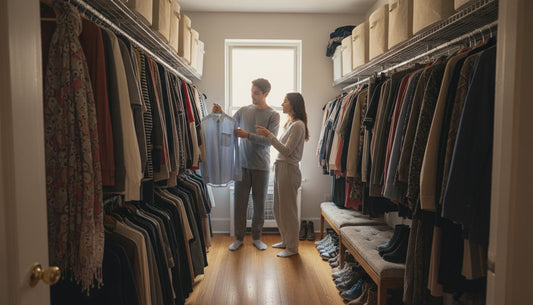 Couple in walk-in closet choosing outfits