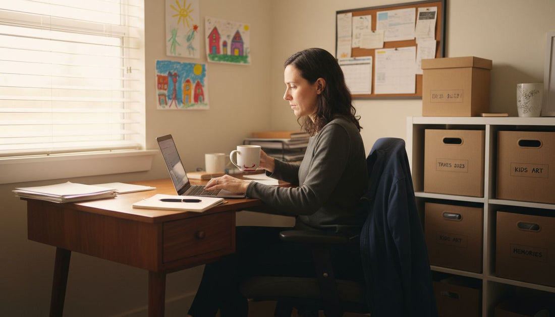 Parent working at organized home office desk