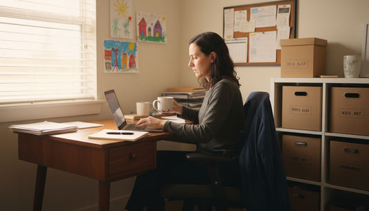 Parent working at organized home office desk
