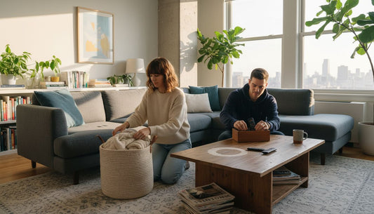 Couple using storage boxes in living room