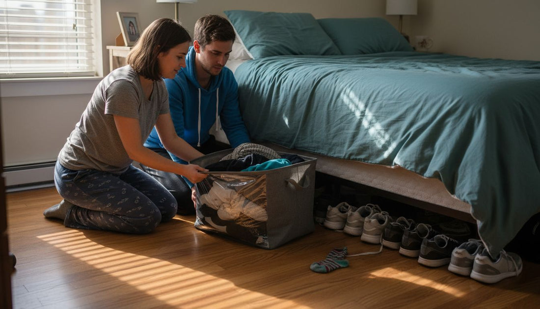 Couple using under-bed storage in small bedroom