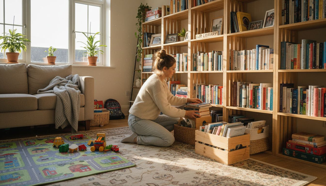 Woman organizing living room storage shelves