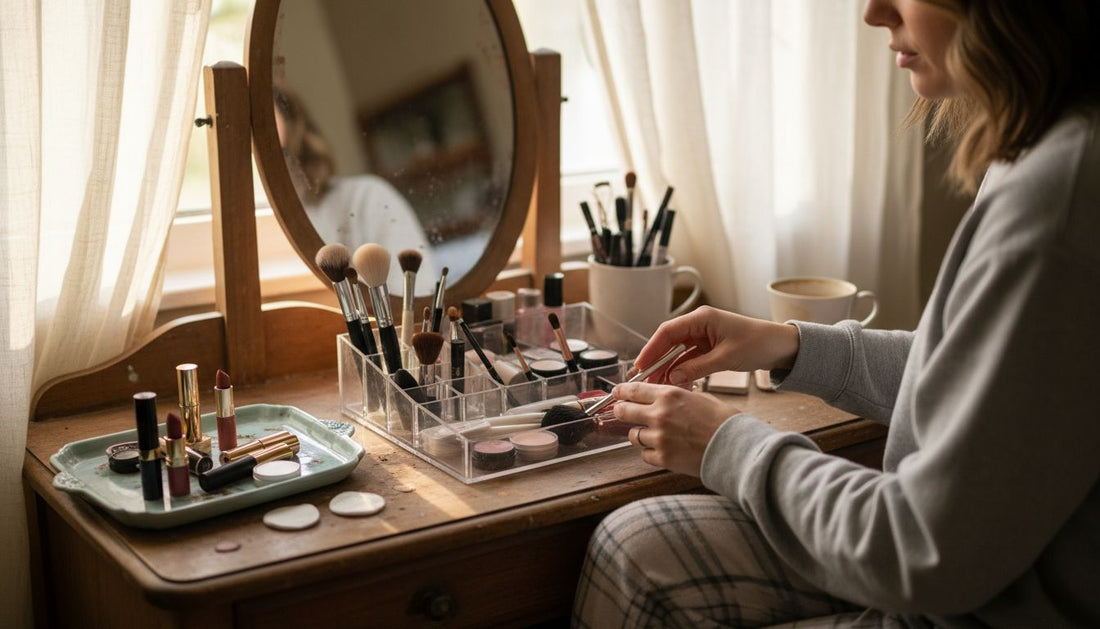 Woman organizing makeup at bedroom vanity