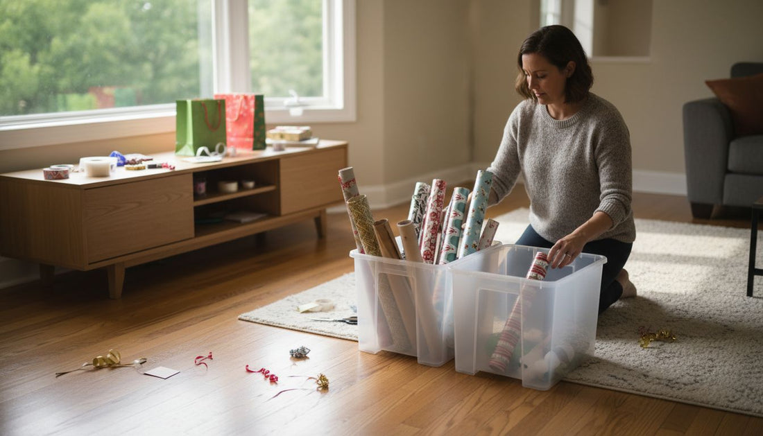 Woman organizing gift wrap supplies in living room