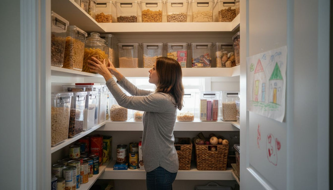 Mother organizing pantry filled with labeled containers