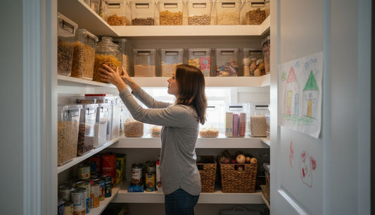 Mother organizing pantry filled with labeled containers