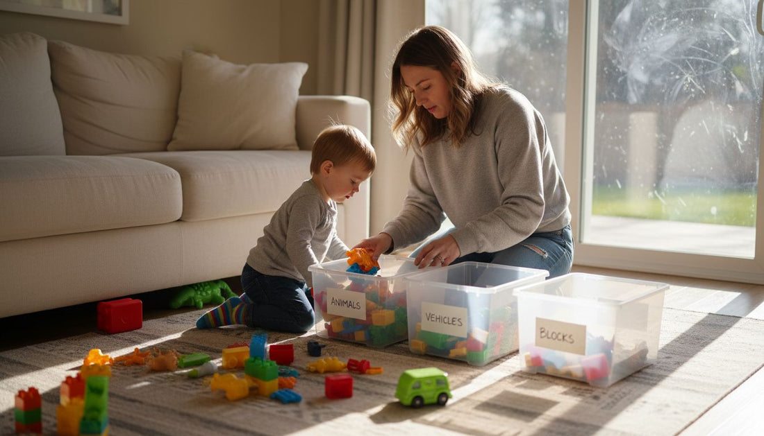 Family organizing colorful kids toy bins