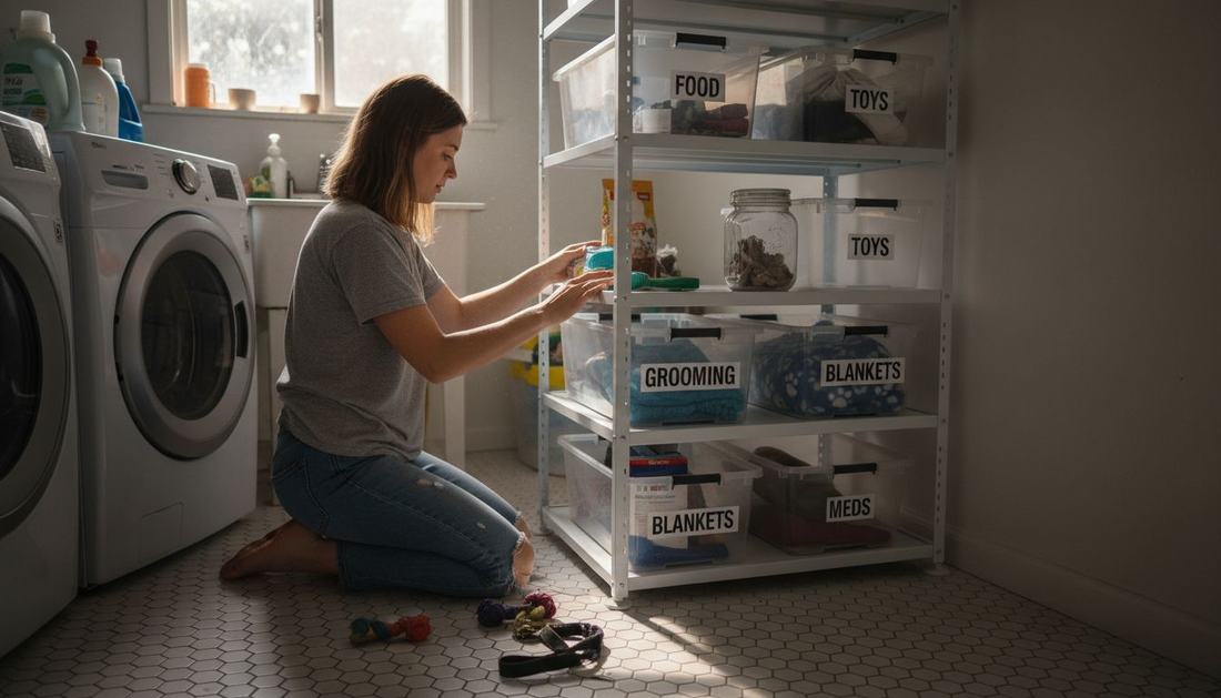 Sorting pet supplies on utility room shelves
