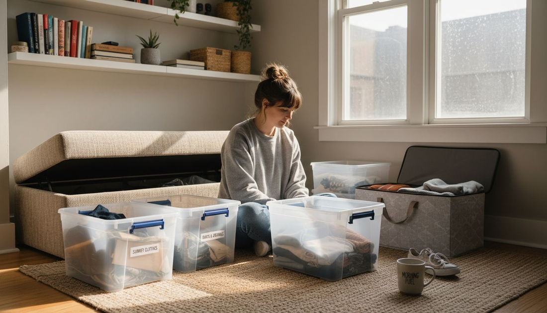 Renter organizing small apartment with smart storage