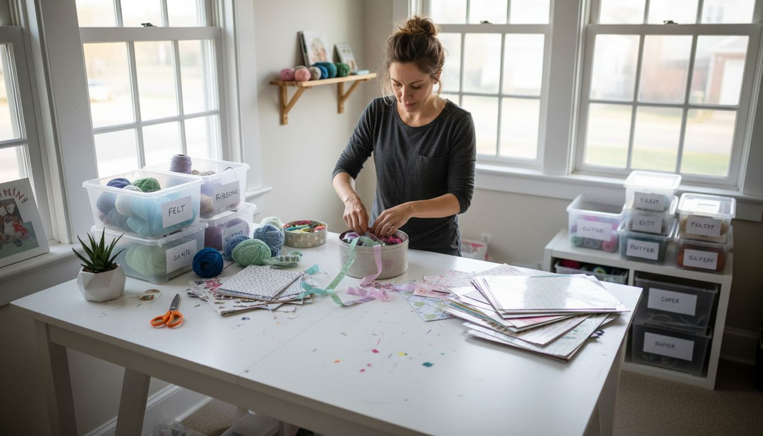 Woman organizing craft supplies in workspace