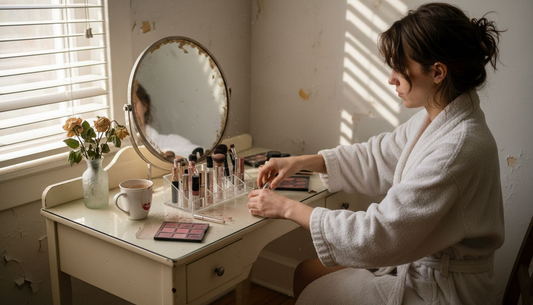 Woman organizing cosmetics at vanity table