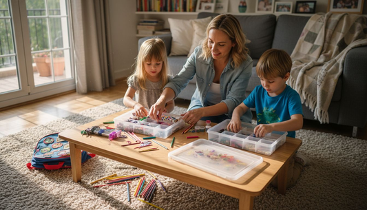 Family organizing storage bins together in living room