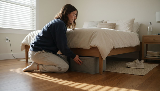 Woman sliding storage bin under bedroom bed