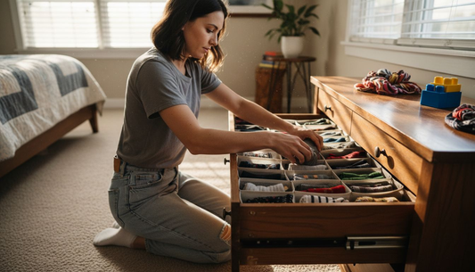 Woman organizing bedroom drawer with dividers