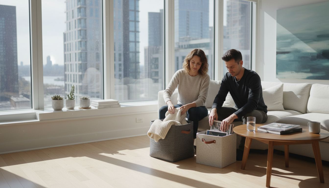 Couple uses living box storage in apartment