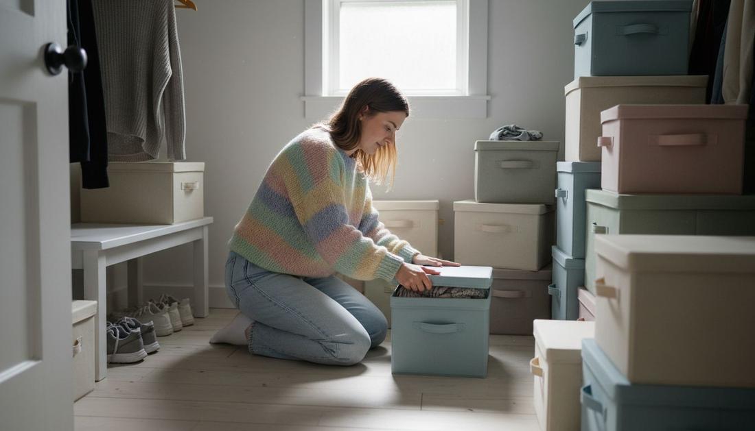 Woman stacking closet storage boxes with lids