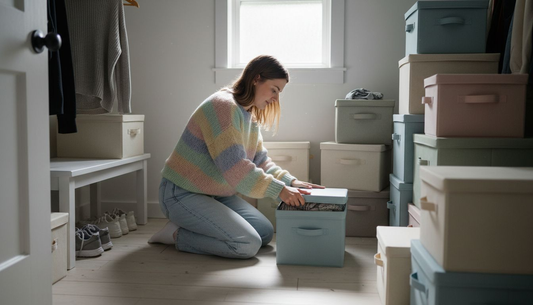Woman stacking closet storage boxes with lids