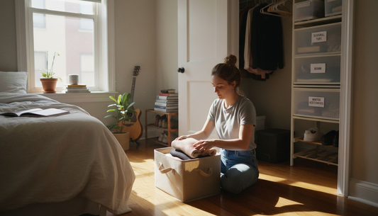 Woman organizing closet with fabric storage boxes