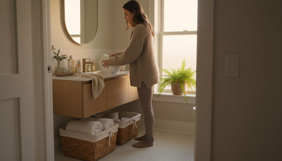 Woman organizing towels in stylish bathroom bins