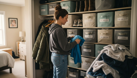 Woman sorting clothes in organized closet